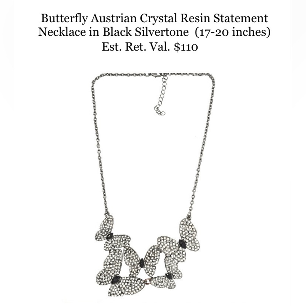 Butterfly Austrian Crystal Resin Statement Necklace in Black Silvertone